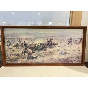Vintage CM Russel Oil Painting Canvas Print Stolen Horses Framed 15x31